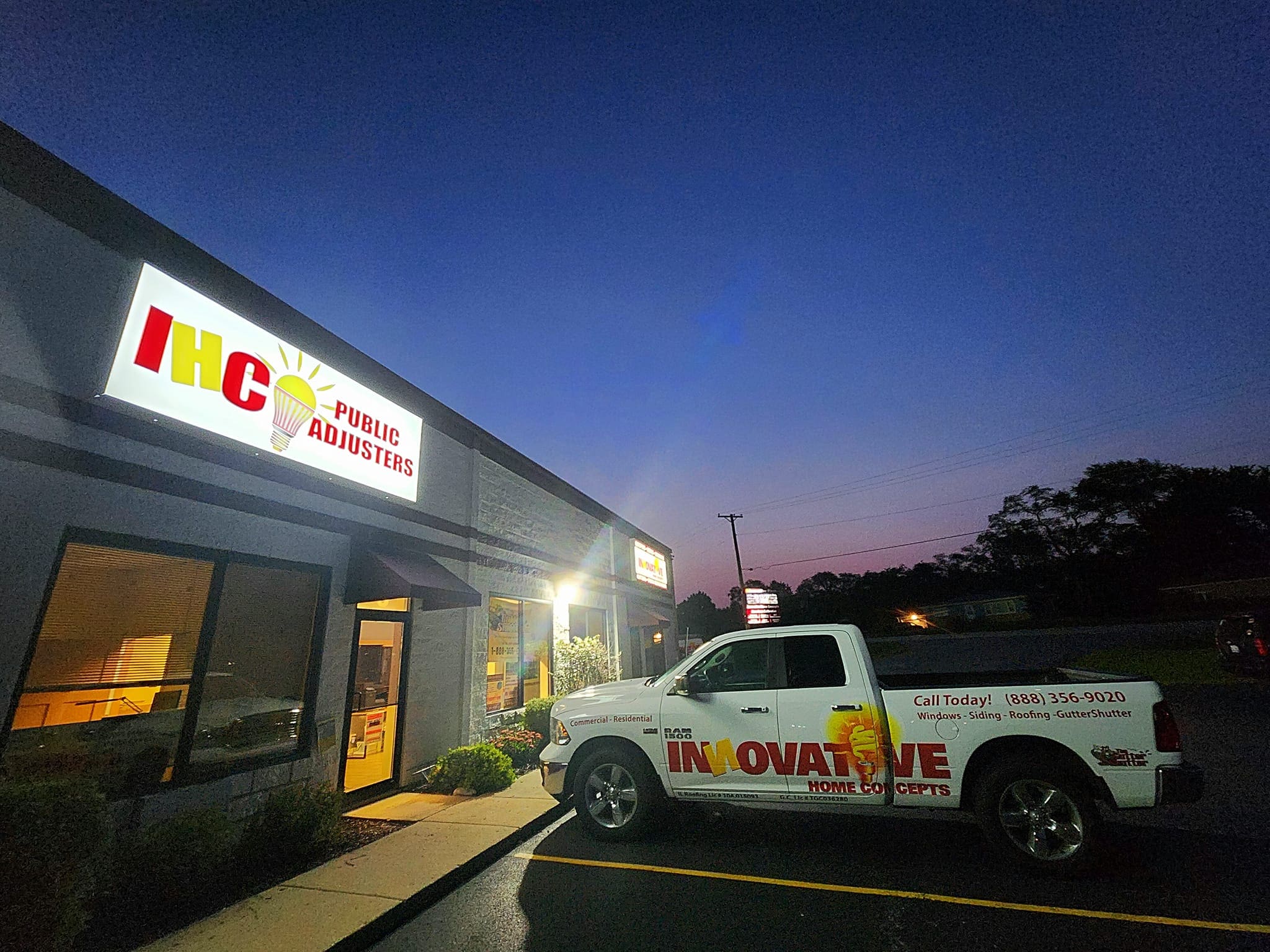 Innovative Home Concepts office building in Crystal Lake, Illinois at night